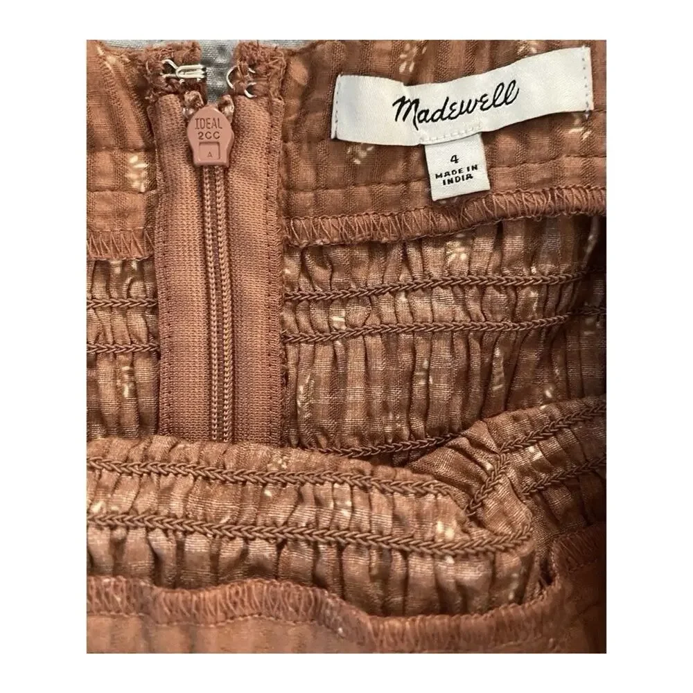 Madewell Smocked Puff Sleeve Top Rust Brown Cotton Babydoll Blouse Size 4 READ